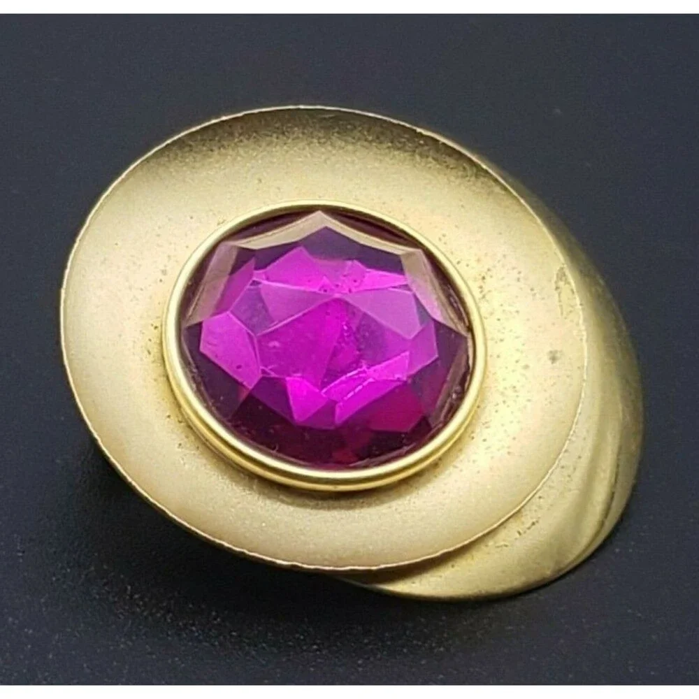 Purple Pink Sparkly Rhinestone Brooch Pin Gold Tone Layered Vintage Unique!